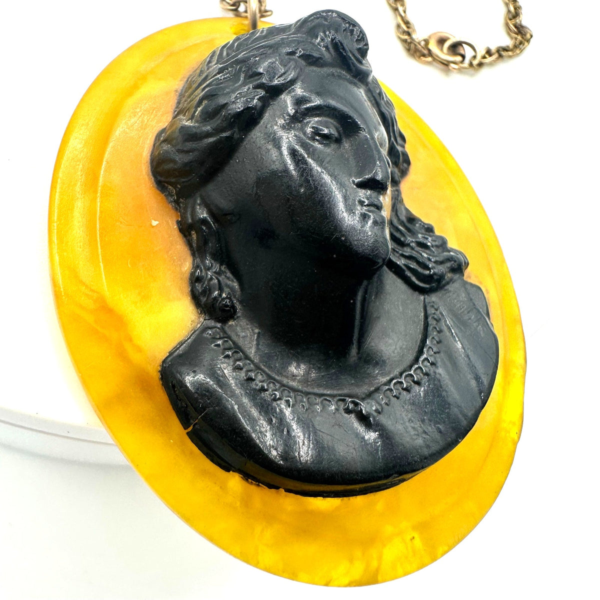 Antique Art Deco 1920s butterscotch celluloid cameo gold filled 25” necklace