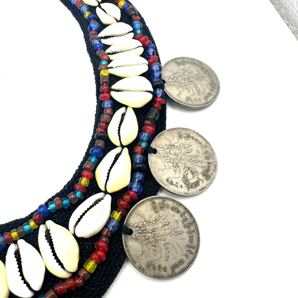 Vintage real Burmese coins beaded cowrie shells black bib statement necklace