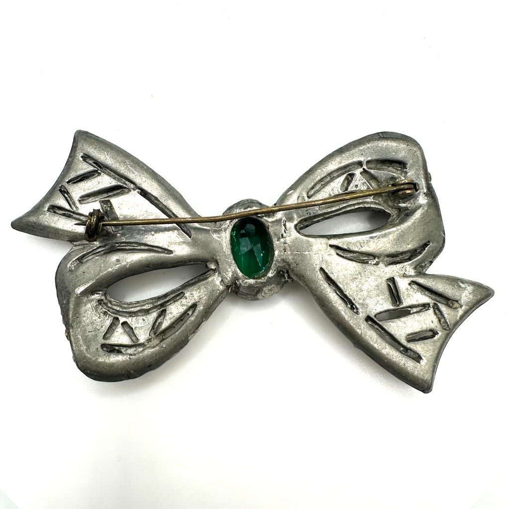 1930s antique Art Deco silver tone pot metal green clear rhinestones bow brooch