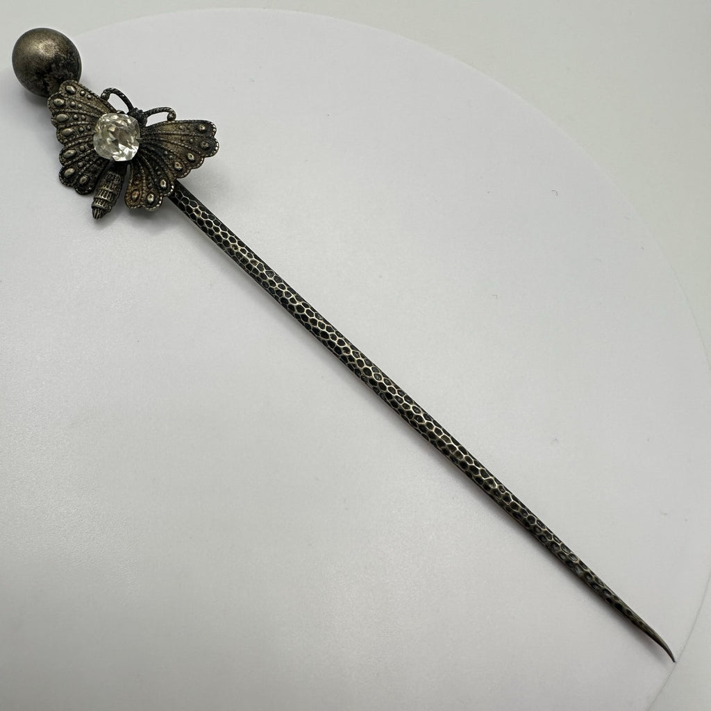 Antique Victorian silver tone textured butterfly clear paste gemstone stick pin