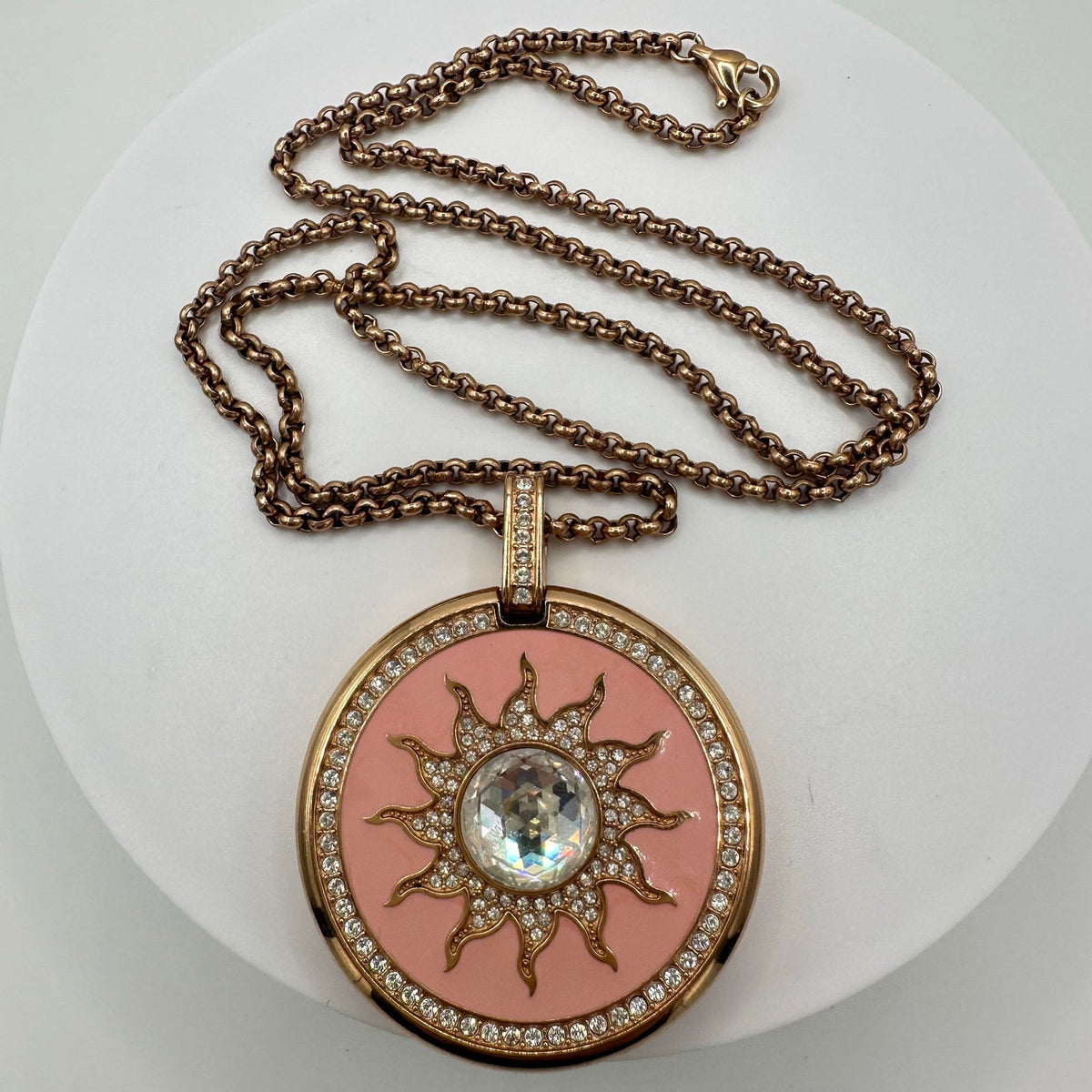 Wintex rose gold pink enamel clear rhinestones quartz pocket watch necklace