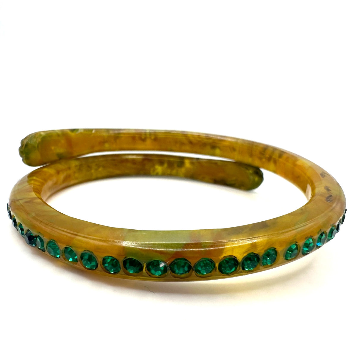 Antique Art Deco yellow celluloid green Czech rhinestones snake bangle bracelet