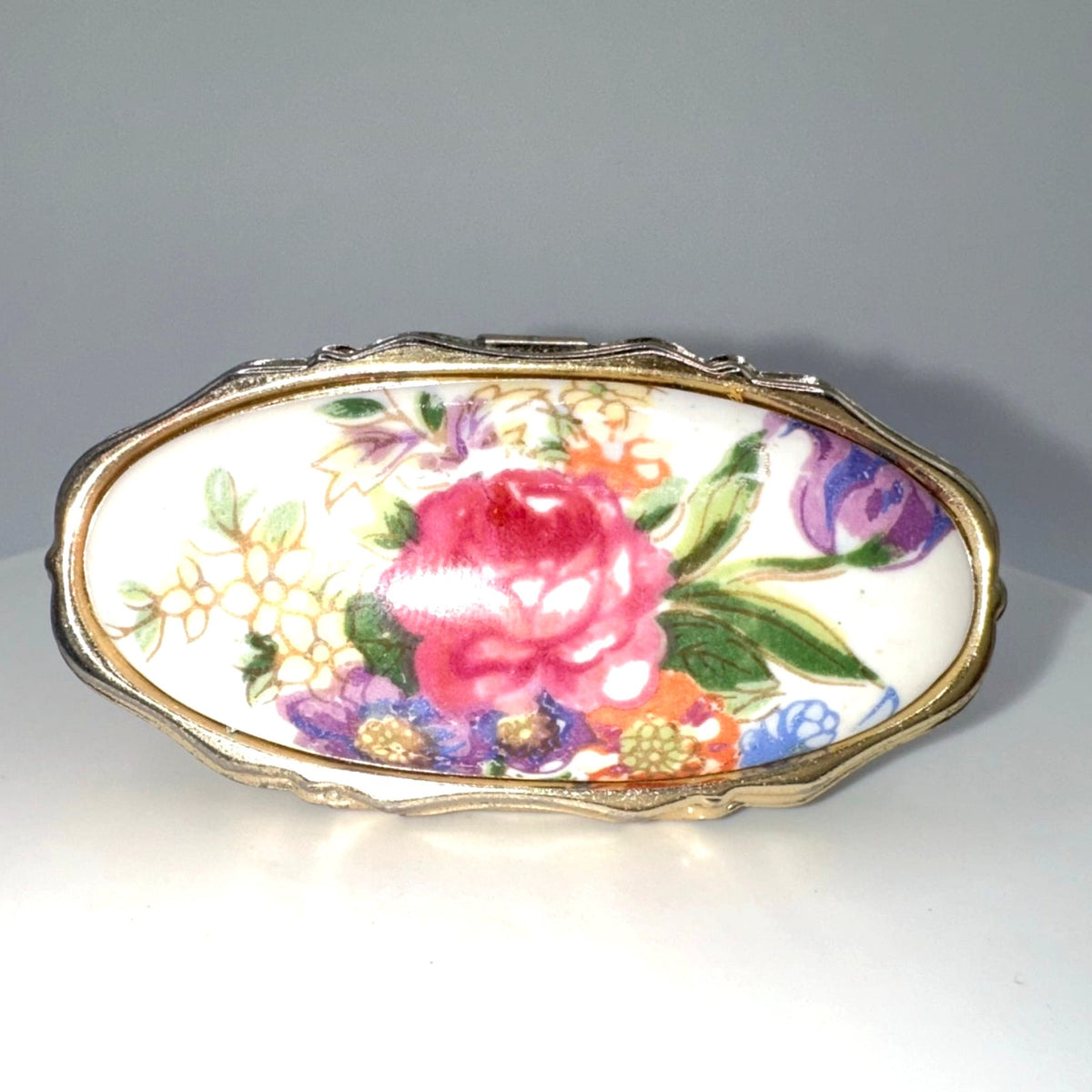 Japan 1950s vintage gold tone porcelain floral lipstick holder mirror compact