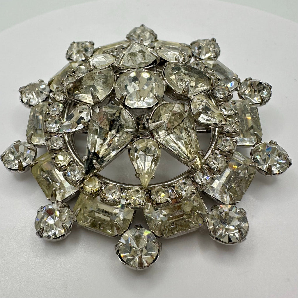 1950s vintage silver tone clear rhinestones sawtooth prong round domed 3D brooch