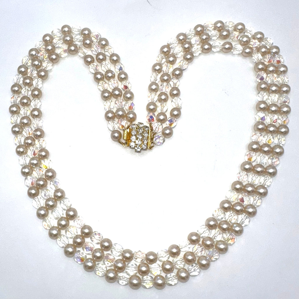 Vintage 3 multi strand AB aurora borealis glass pearls beaded necklace