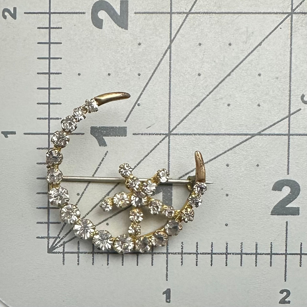 Antique Victorian gold gilt clear glass rhinestones crescent moon star brooch