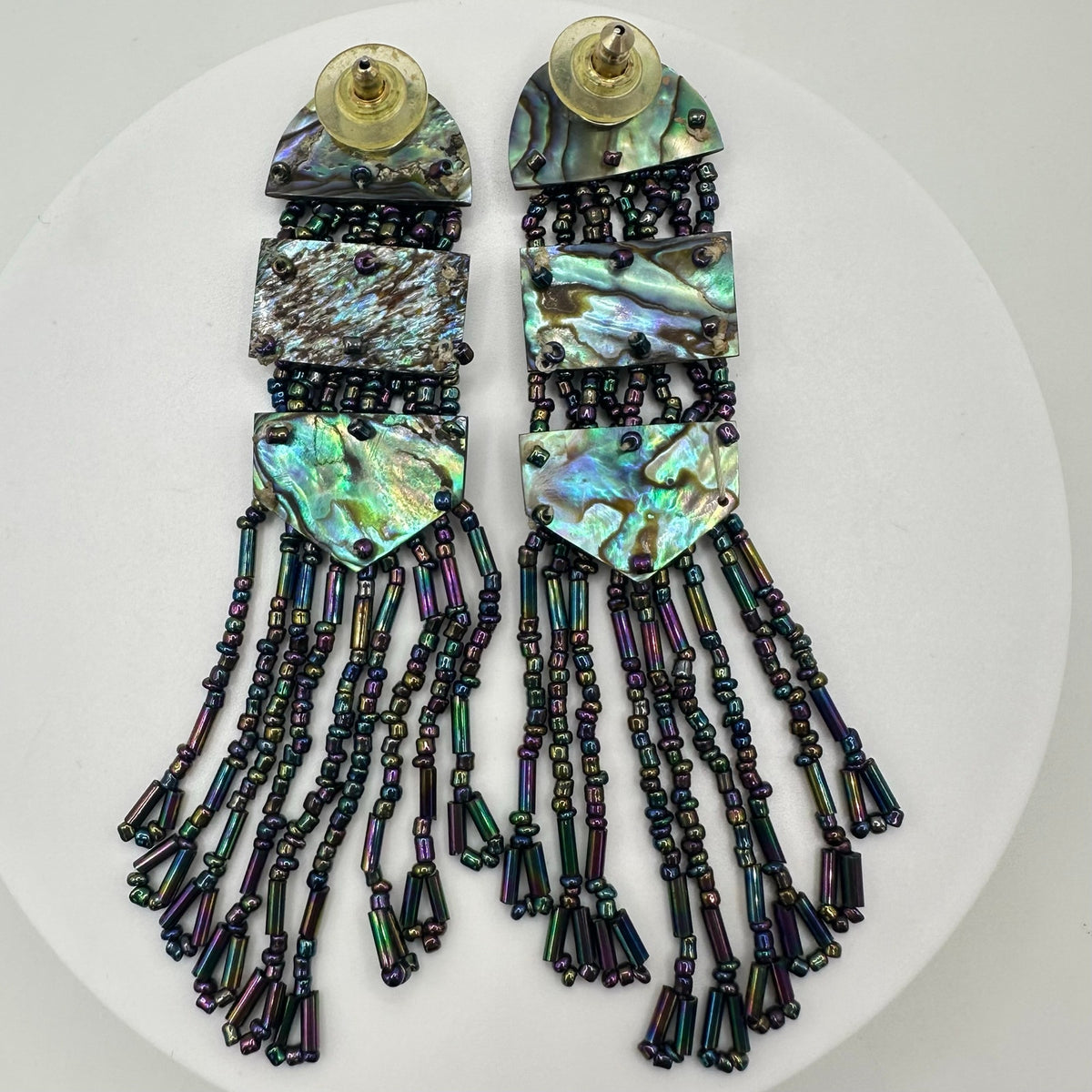 Vintage genuine abalone black luster glass beads beaded post dangle earrings