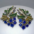 1940s vintage silver tone blue rhinestones green enamel screw back earrings