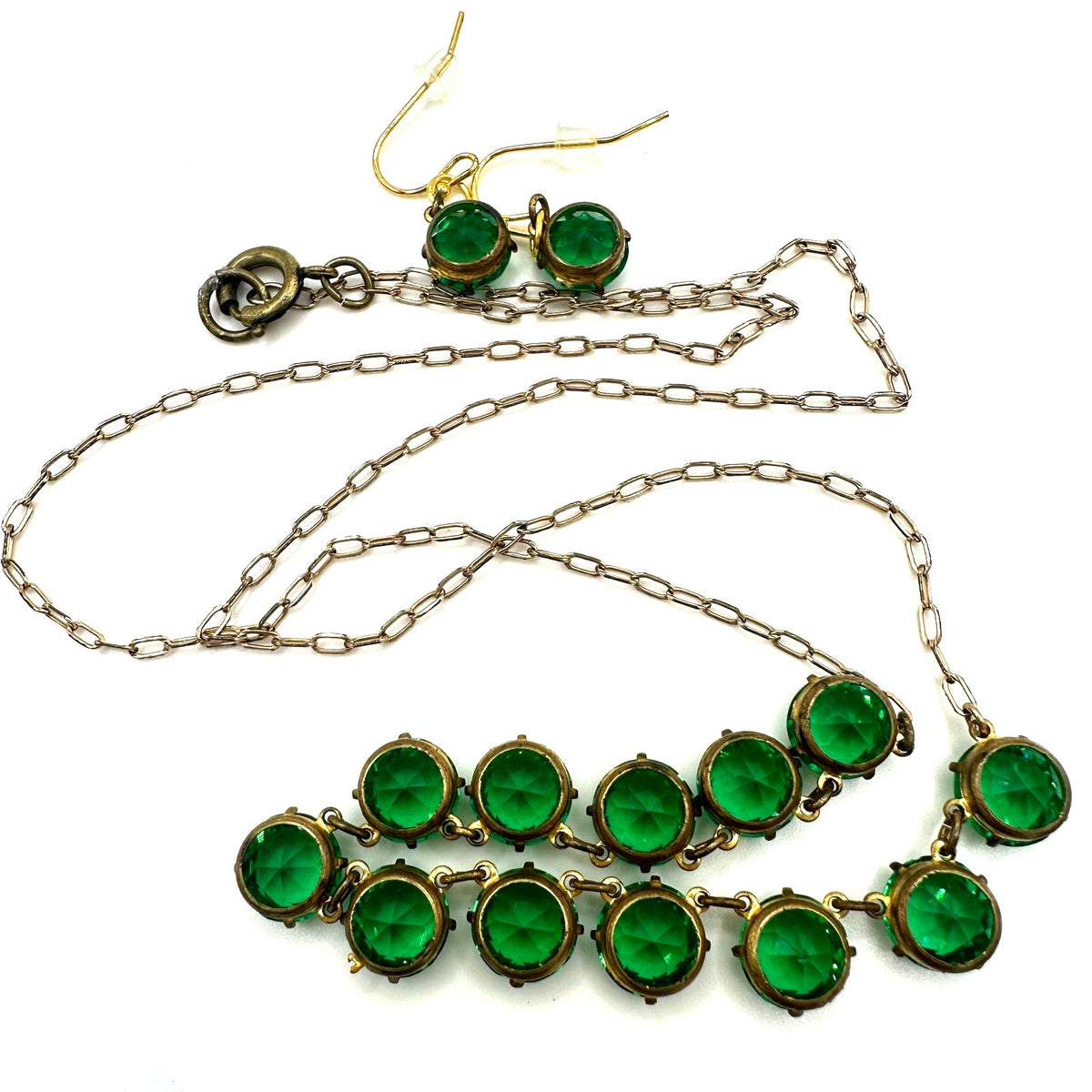 Antique Art Deco green Czech glass rhinestones rivière chain necklace earrings