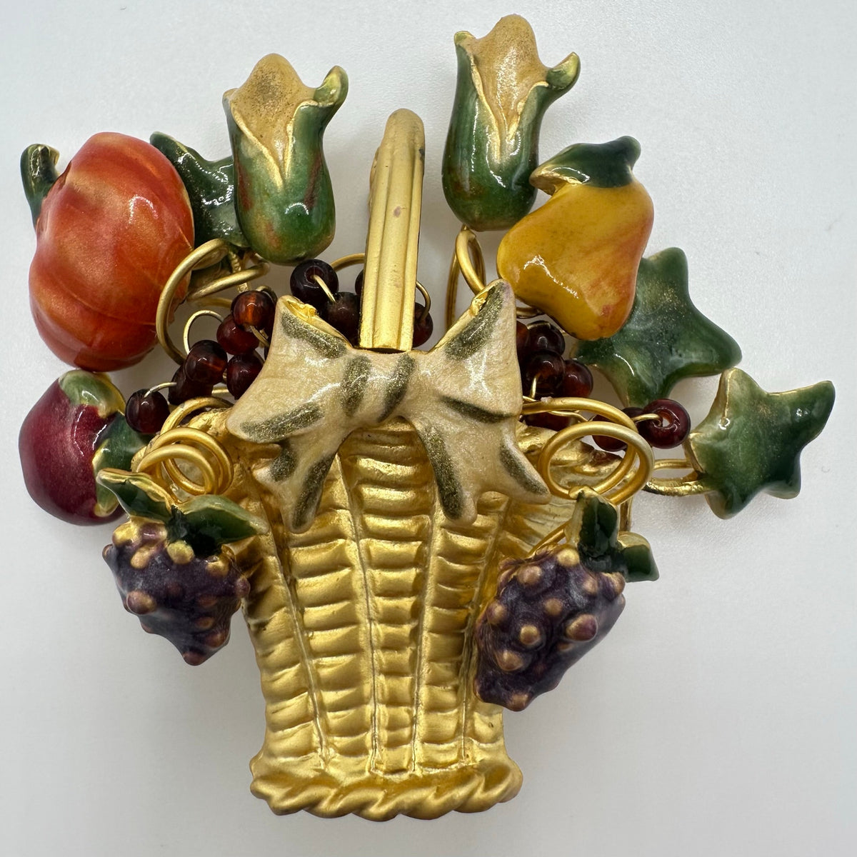Vintage gold tone multicolor enamel fruits flowers floral basket brooch