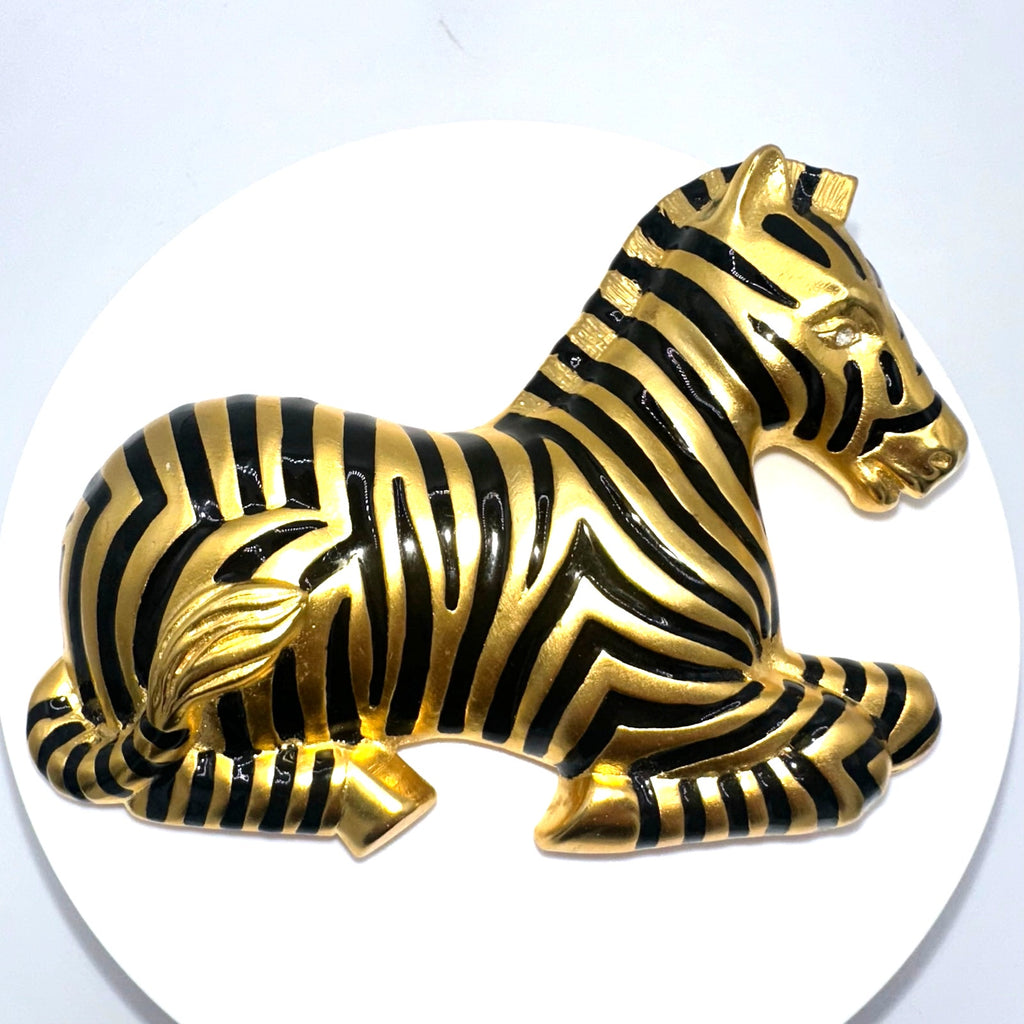 Doreen Ryan vintage massive large gold plated black enamel zebra figural brooch