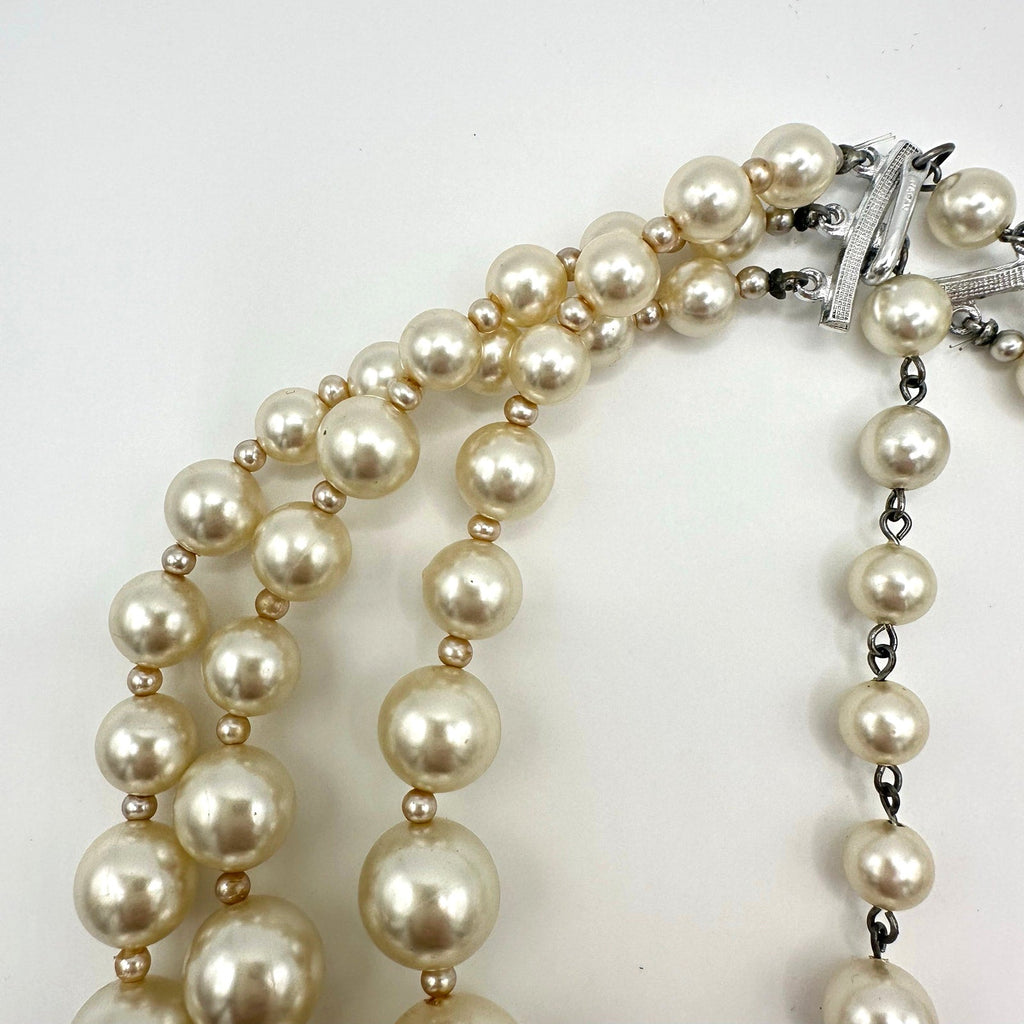 Japan vintage 3 multi strand lucite faux pearls AB beaded graduated necklace