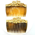 Kirks Folly set 2 gold tone ribbon bows faux tortoiseshell hair combs made USA