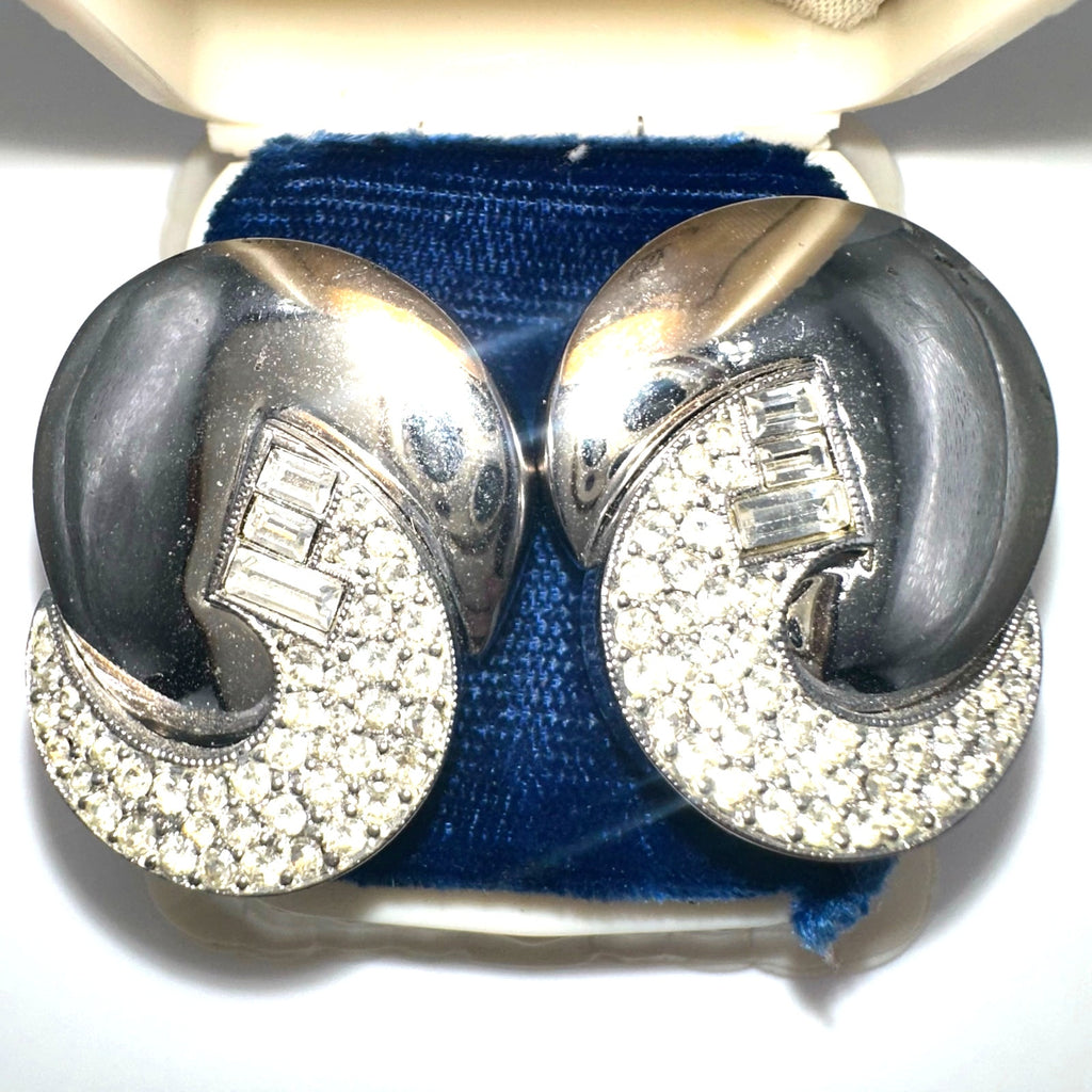Art Deco 1980s vintage silver tone clear rhinestones statement post earrings