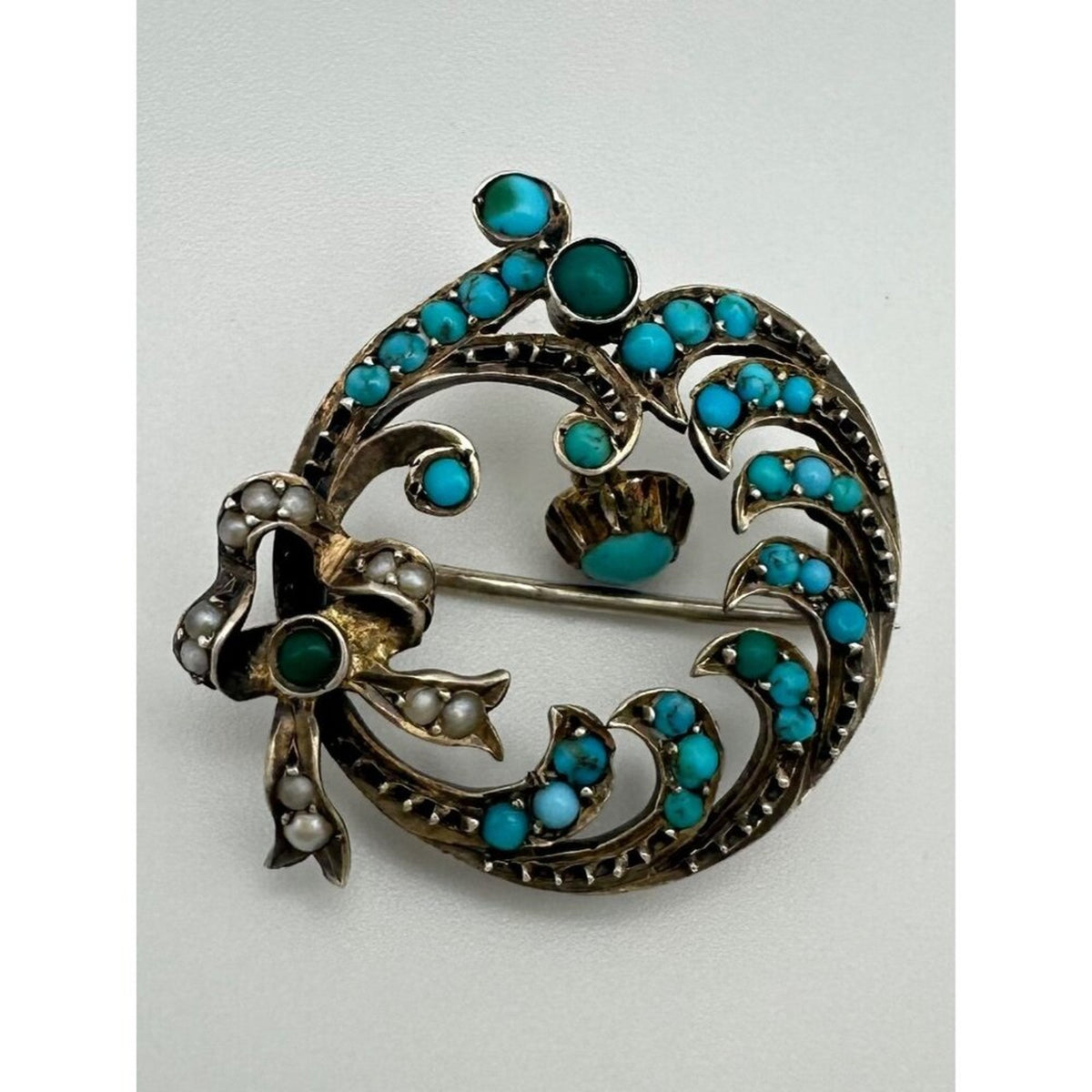 Antique Victorian 9kt gold genuine turquoise cabochons seed pearls bow brooch