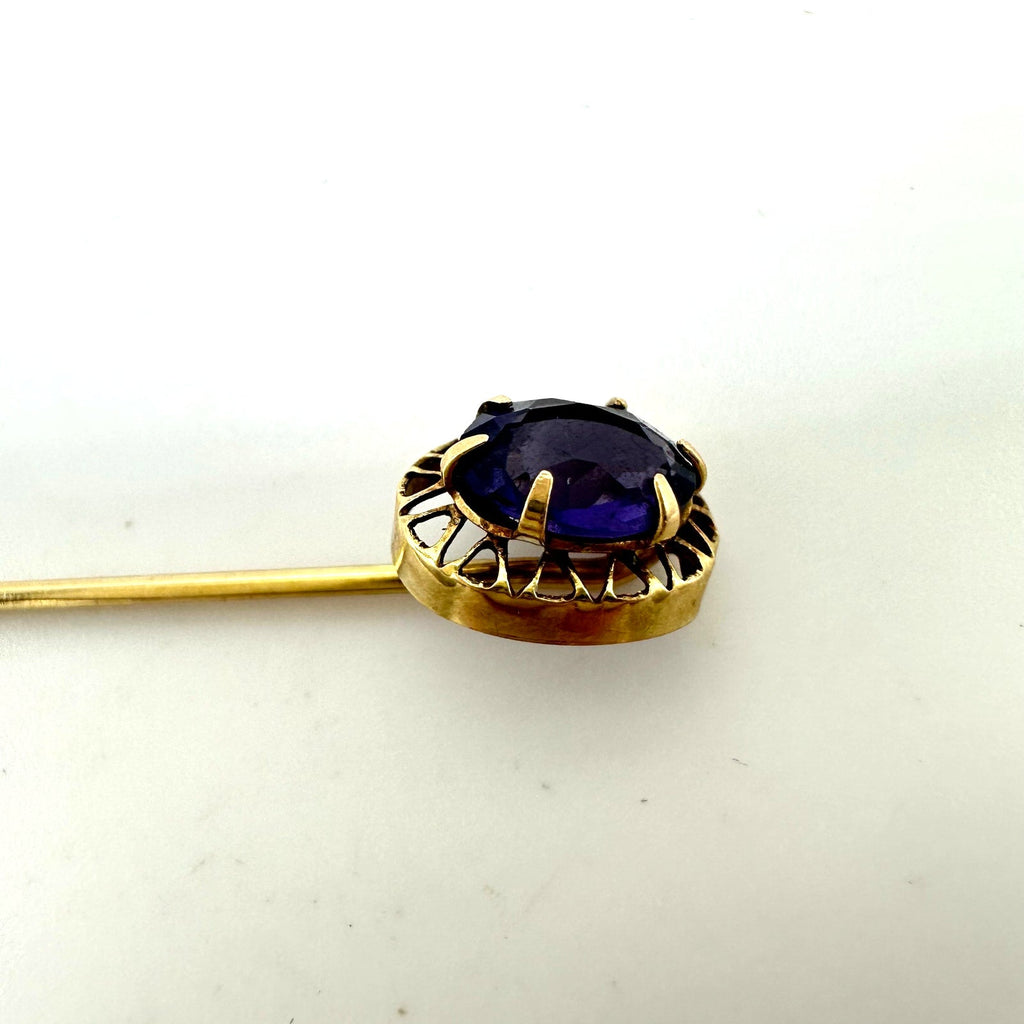 Antique Victorian solid 10kt yellow gold purple glass stick pin brooch