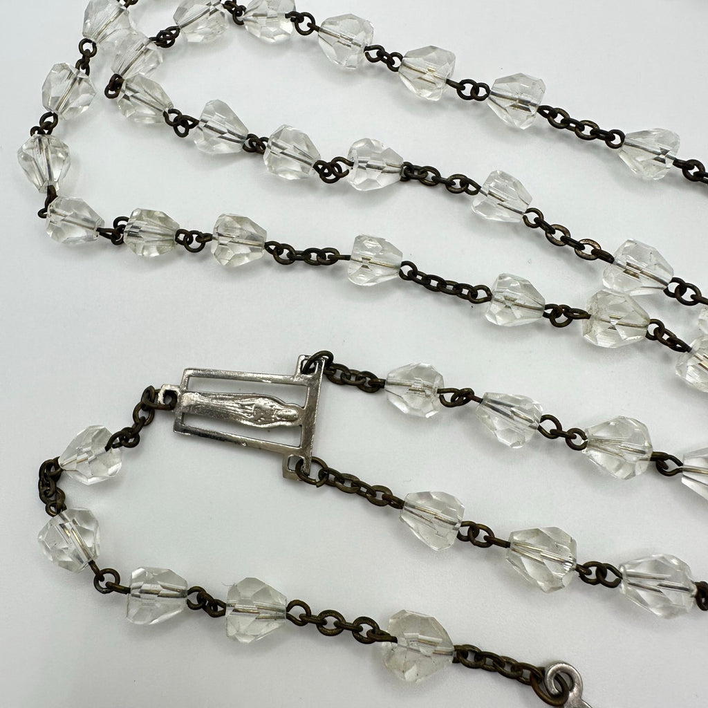 Vintage brass steel faceted clear glass beads beaded Catholic rosary necklace