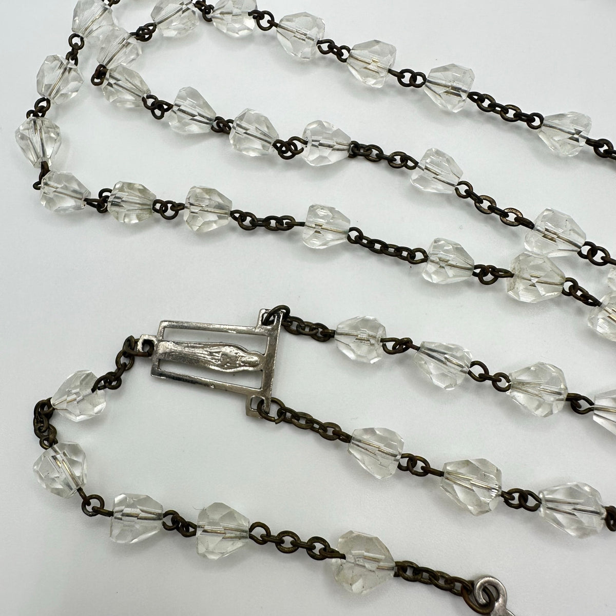 Vintage brass steel faceted clear glass beads beaded Catholic rosary necklace