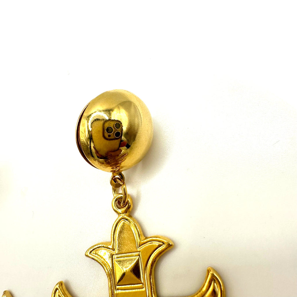 Vintage gold tone dangle drop cross domed post statement earrings 3"