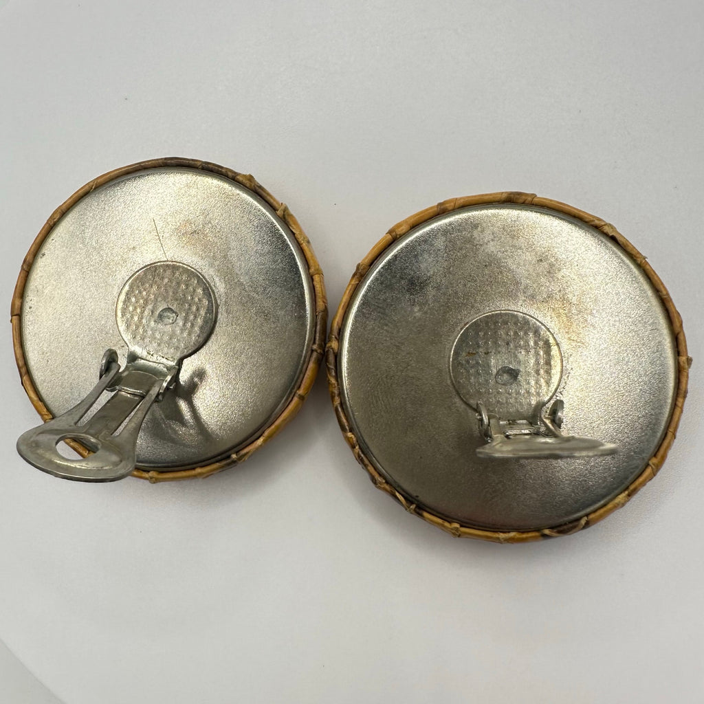 1980s vintage genuine snake skin snakeskin leather yellow disc clip on earrings