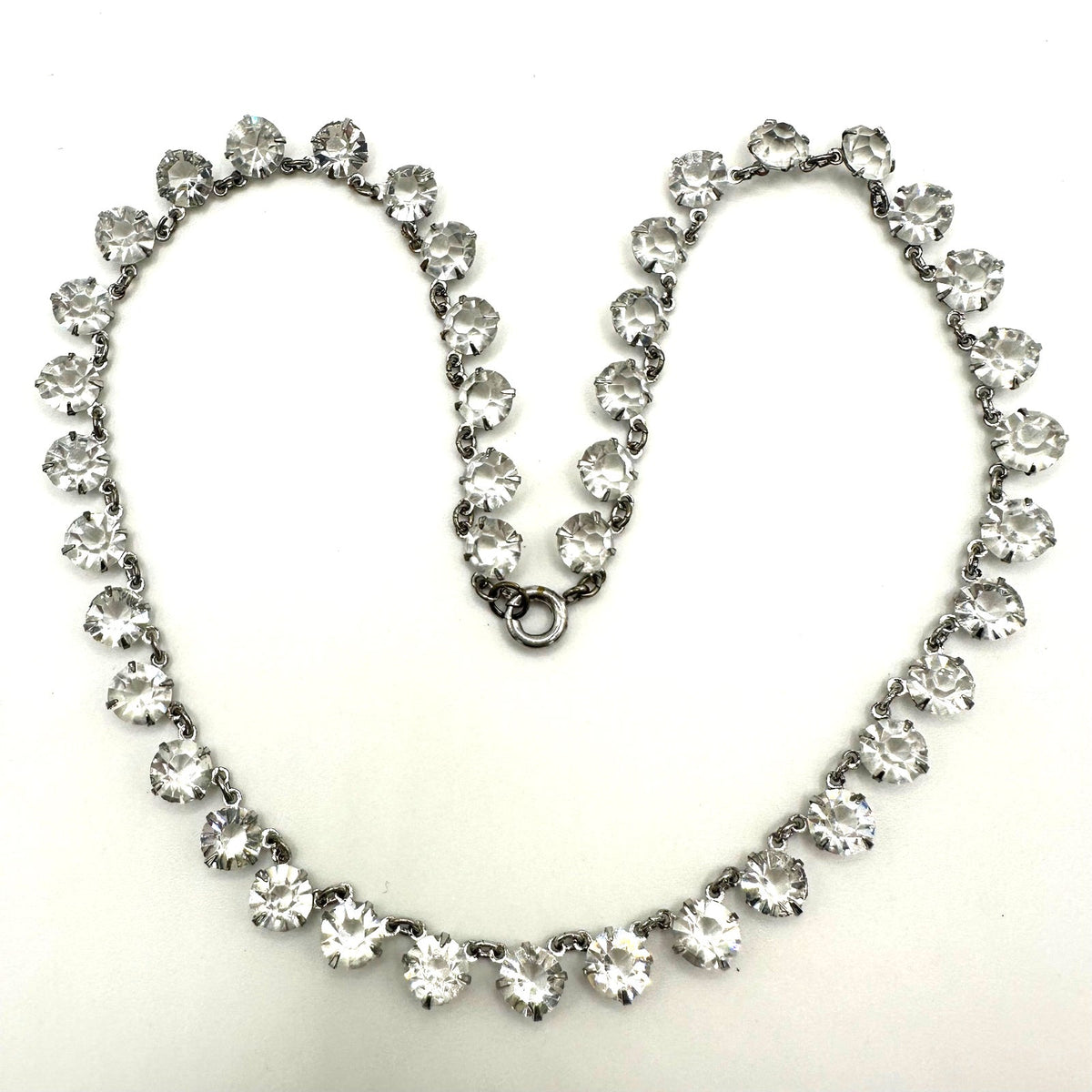 Antique Art Deco 1930s silver tone clear glass 7mm crystals rivière 15” necklace