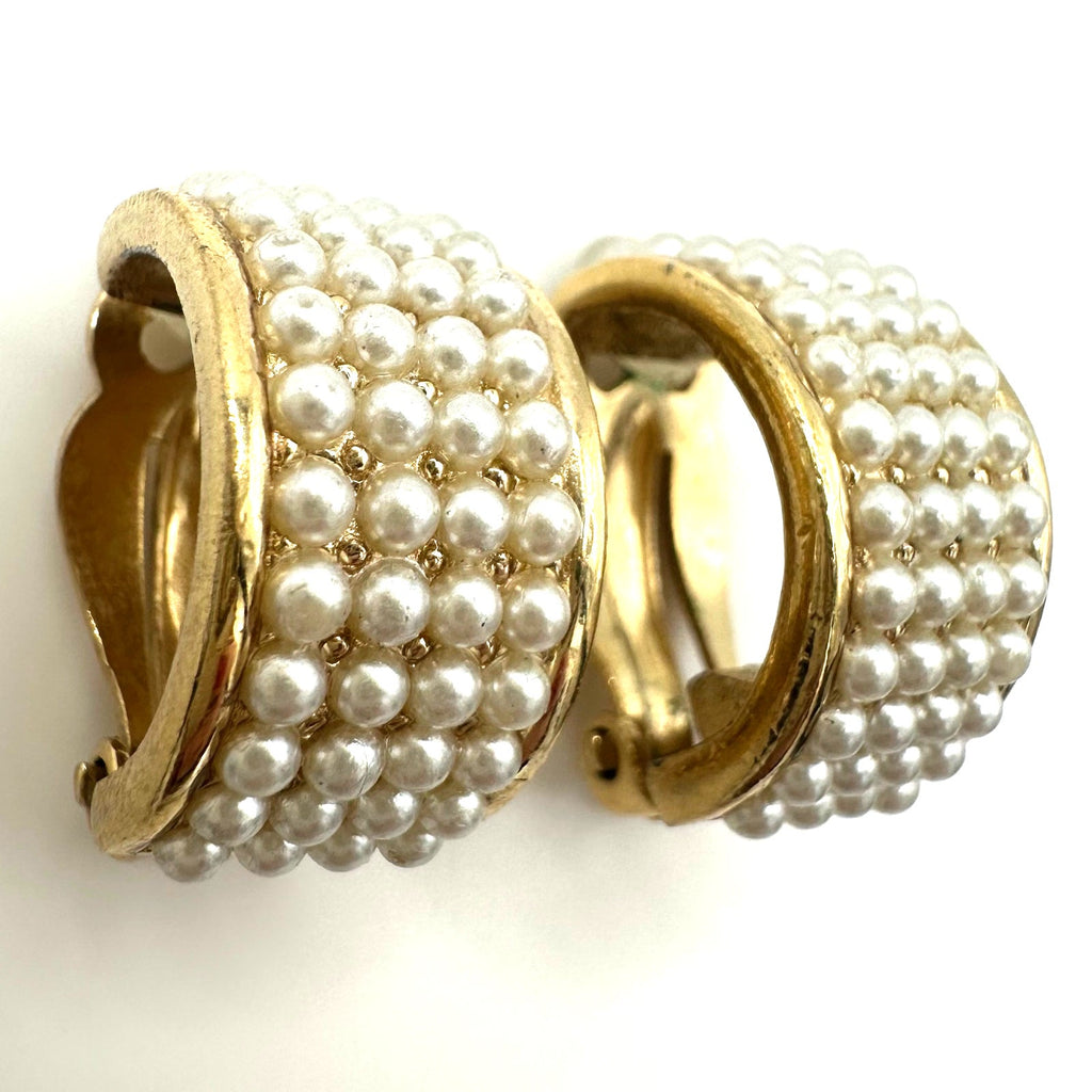 Givenchy vintage 80s 90s gold plated faux pearl half hoop hoops clip on earrings