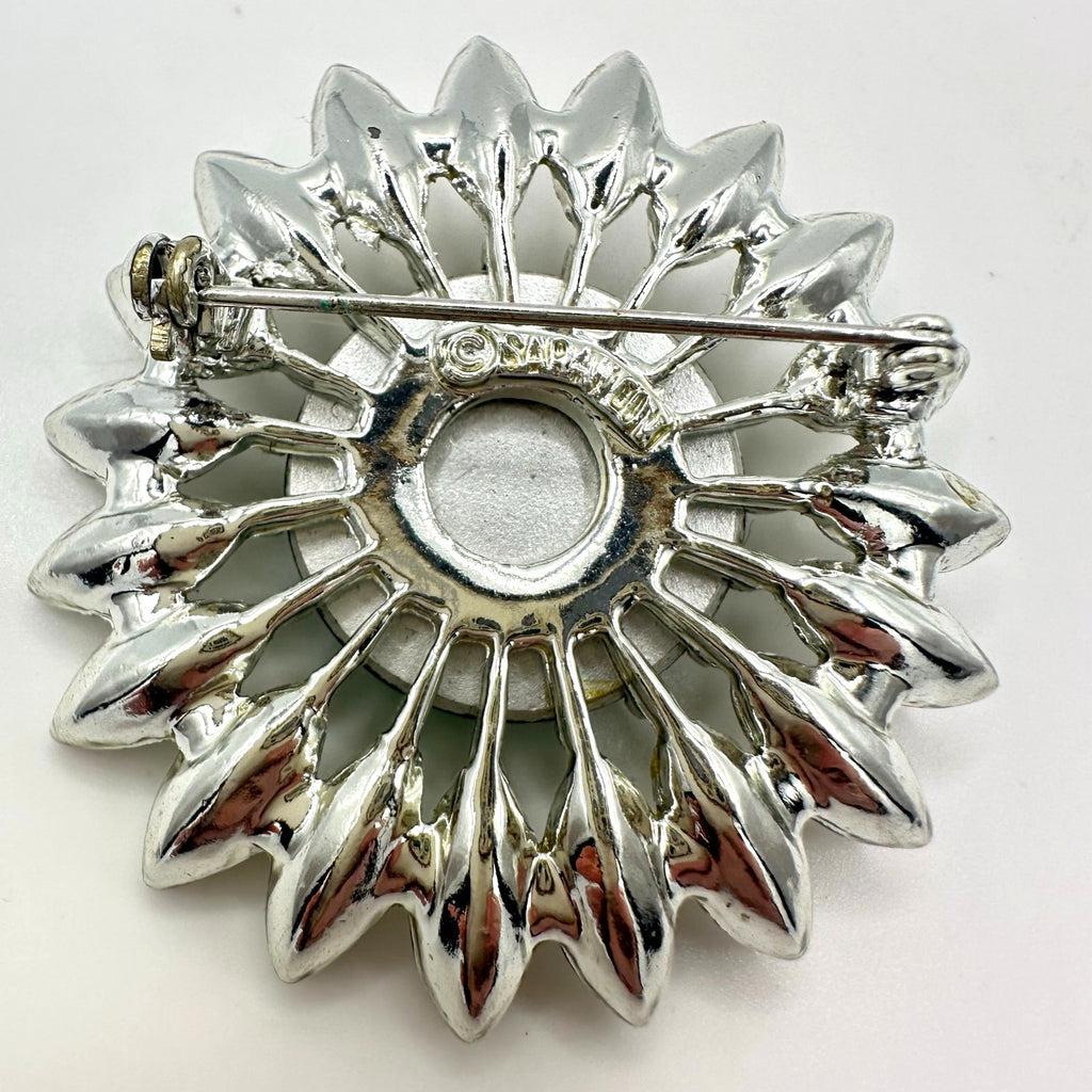 Sarah Coventry 1964 vintage silver tone green clear rhinestones Kathleen brooch