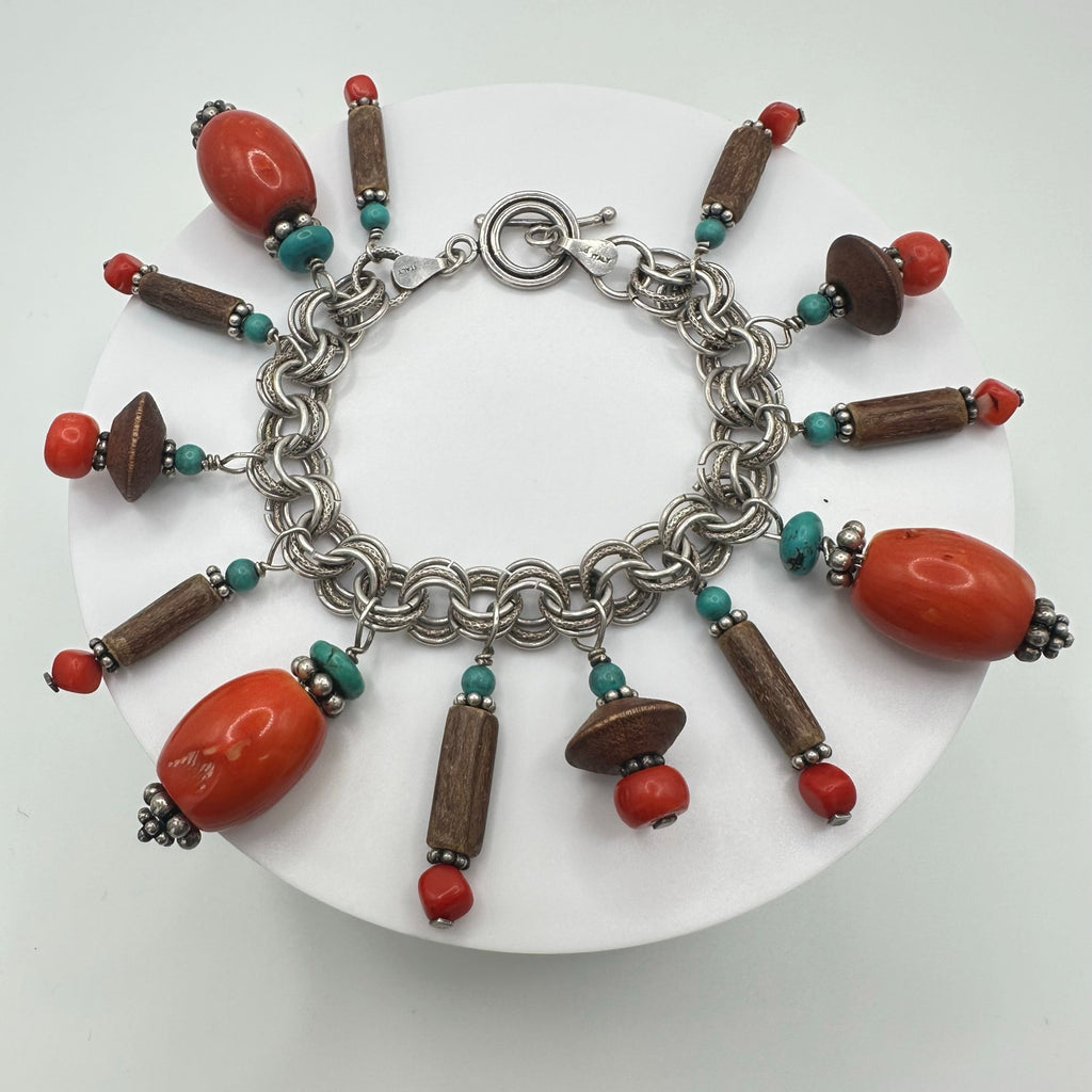 Southwestern 925 sterling silver genuine red coral turquoise charms bracelet