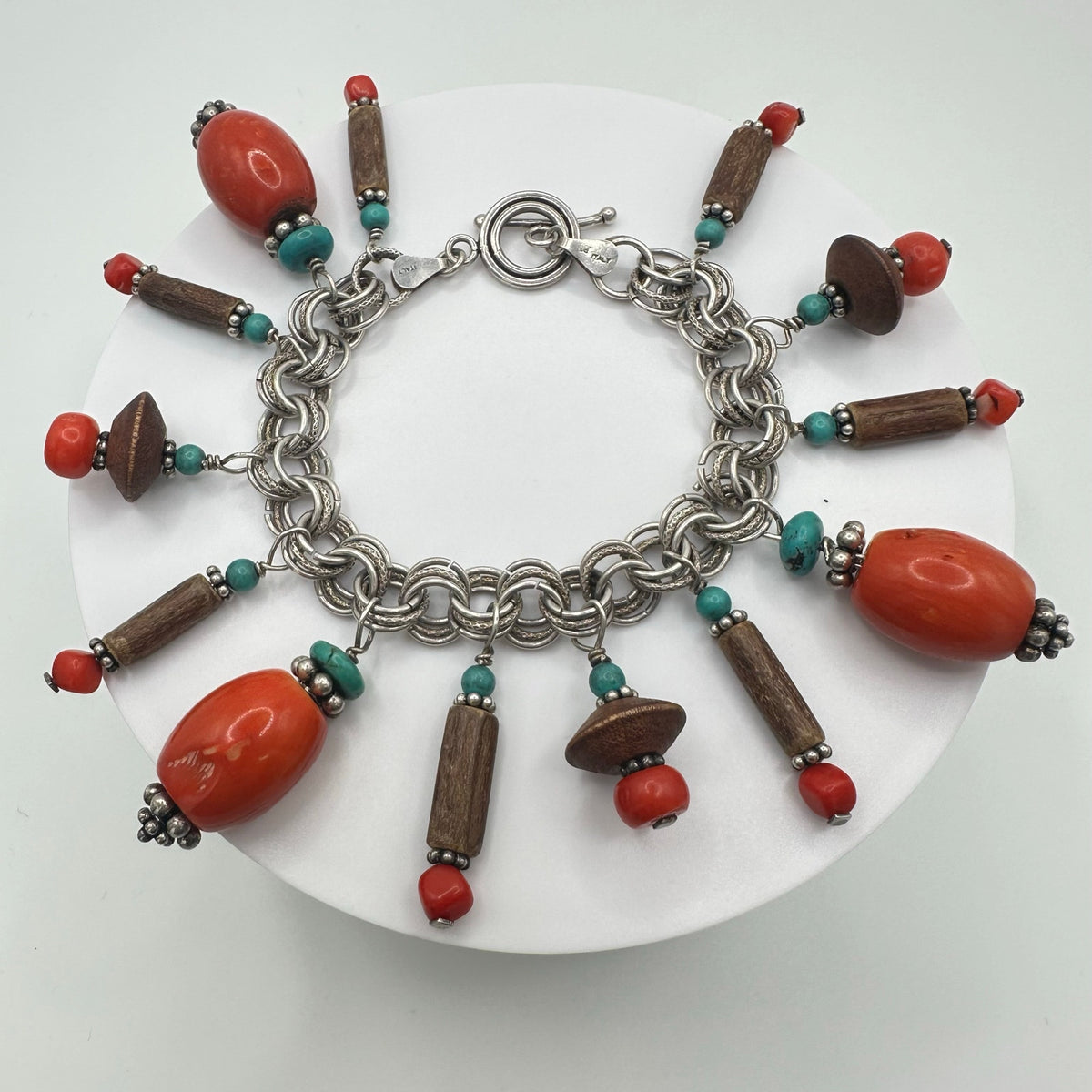 Southwestern 925 sterling silver genuine red coral turquoise charms bracelet