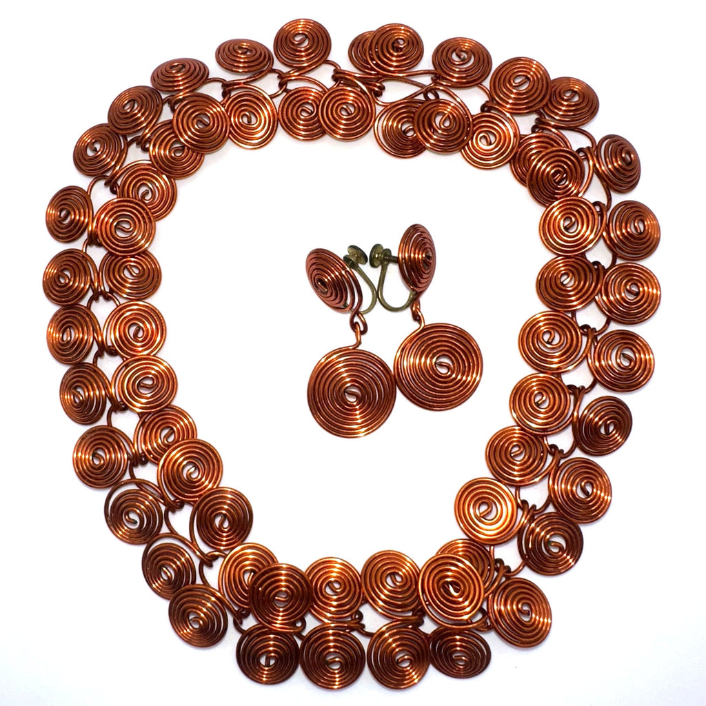 Vintage handmade artisan solid copper modernist necklace screw back earrings set