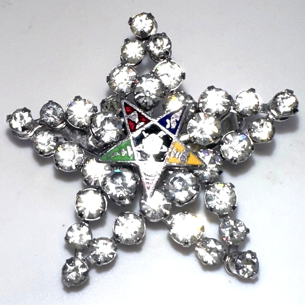 Order of the Eastern 5 point Star vintage silver tone rhinestones enamel brooch