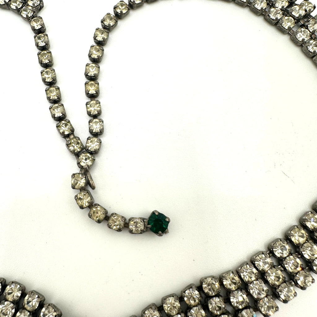 1950s vintage silver tone clear emerald green rhinestones fringe tassel necklace