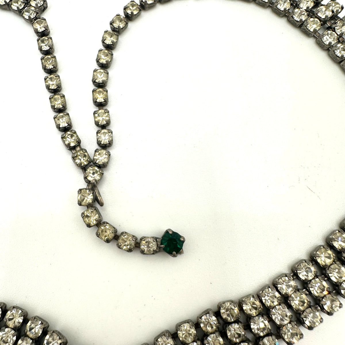 1950s vintage silver tone clear emerald green rhinestones fringe tassel necklace