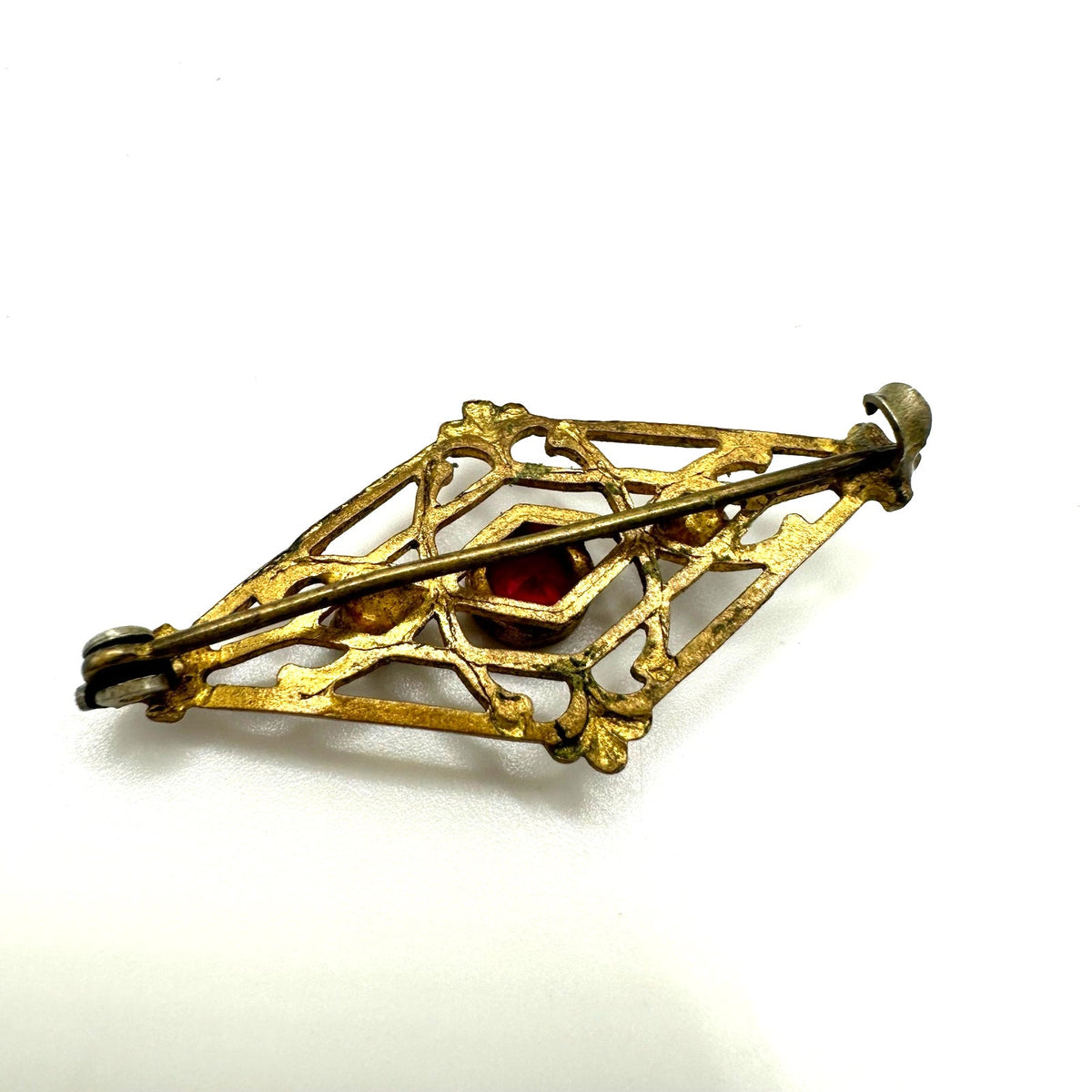 Antique Edwardian 1900s 1910s gold gilt red clear glass paste rhinestones brooch