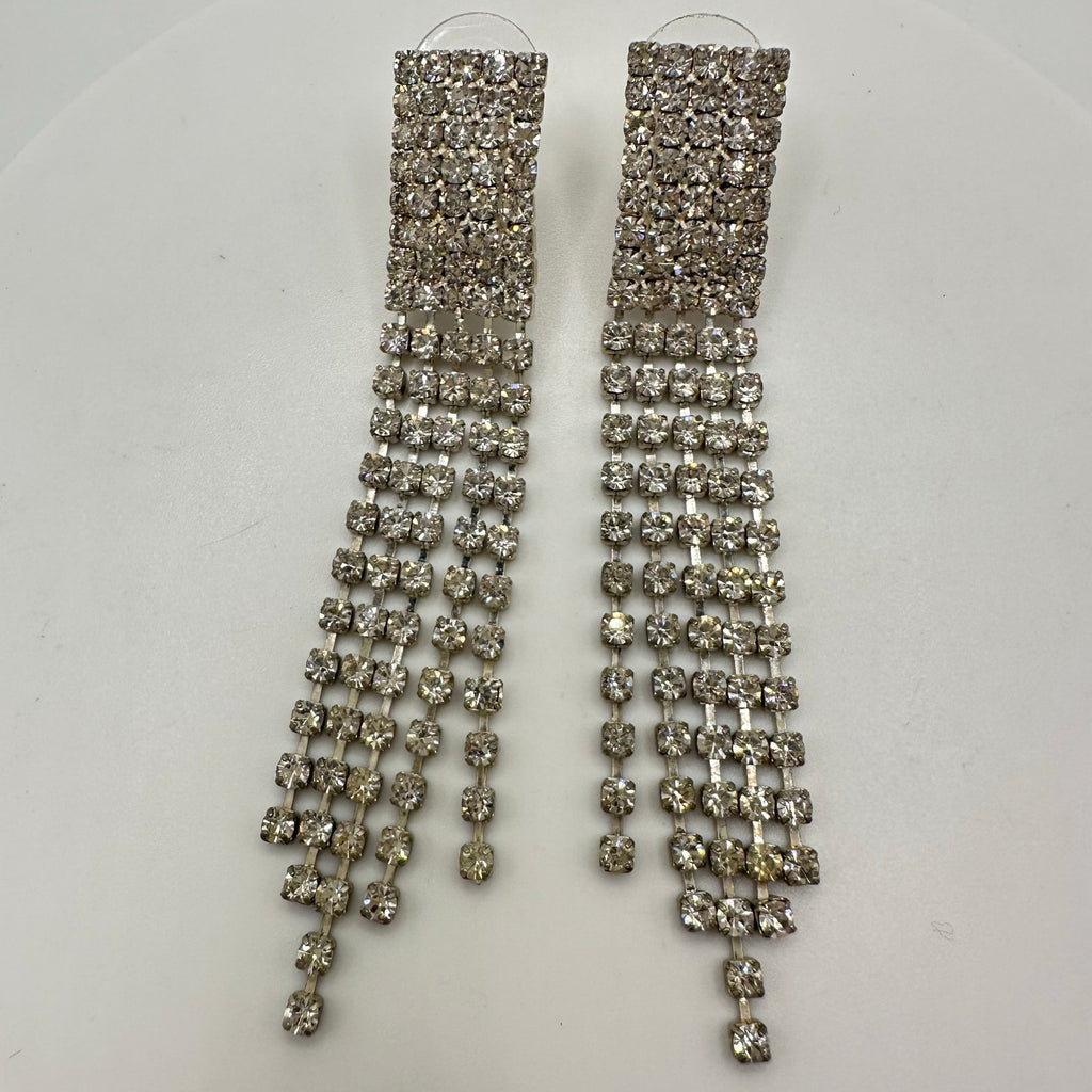 Silver tone clear rhinestones multi 5 strands fringe drop post earrings