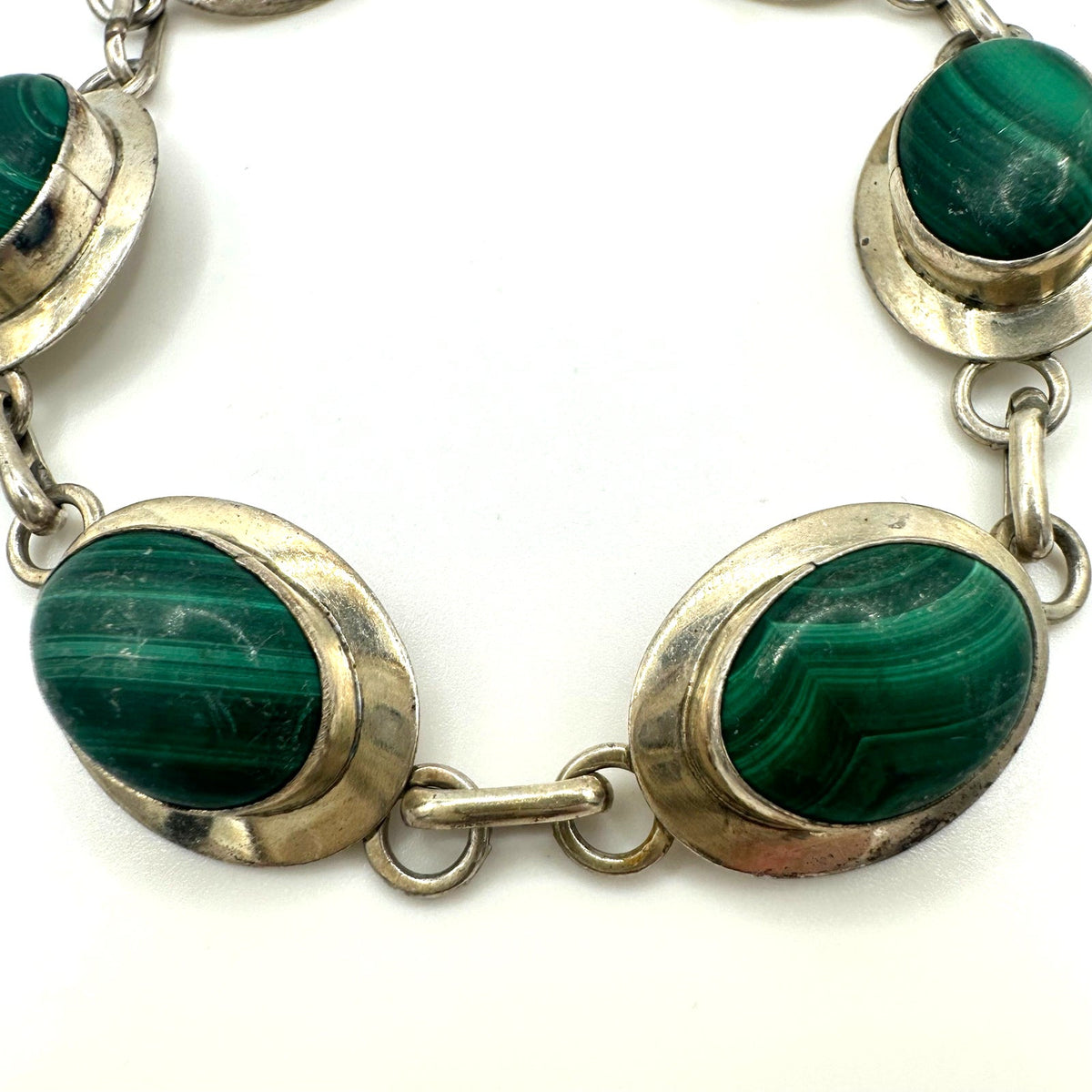 Vintage 925 sterling silver 6 genuine green malachite cabochons bracelet 8"