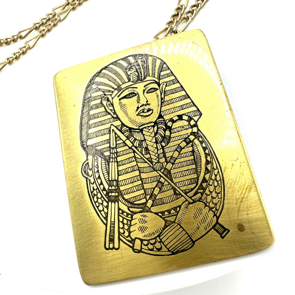 Reed & Barton 1978 Tutankhamen Damascene pendant gold plated 18" chain necklace