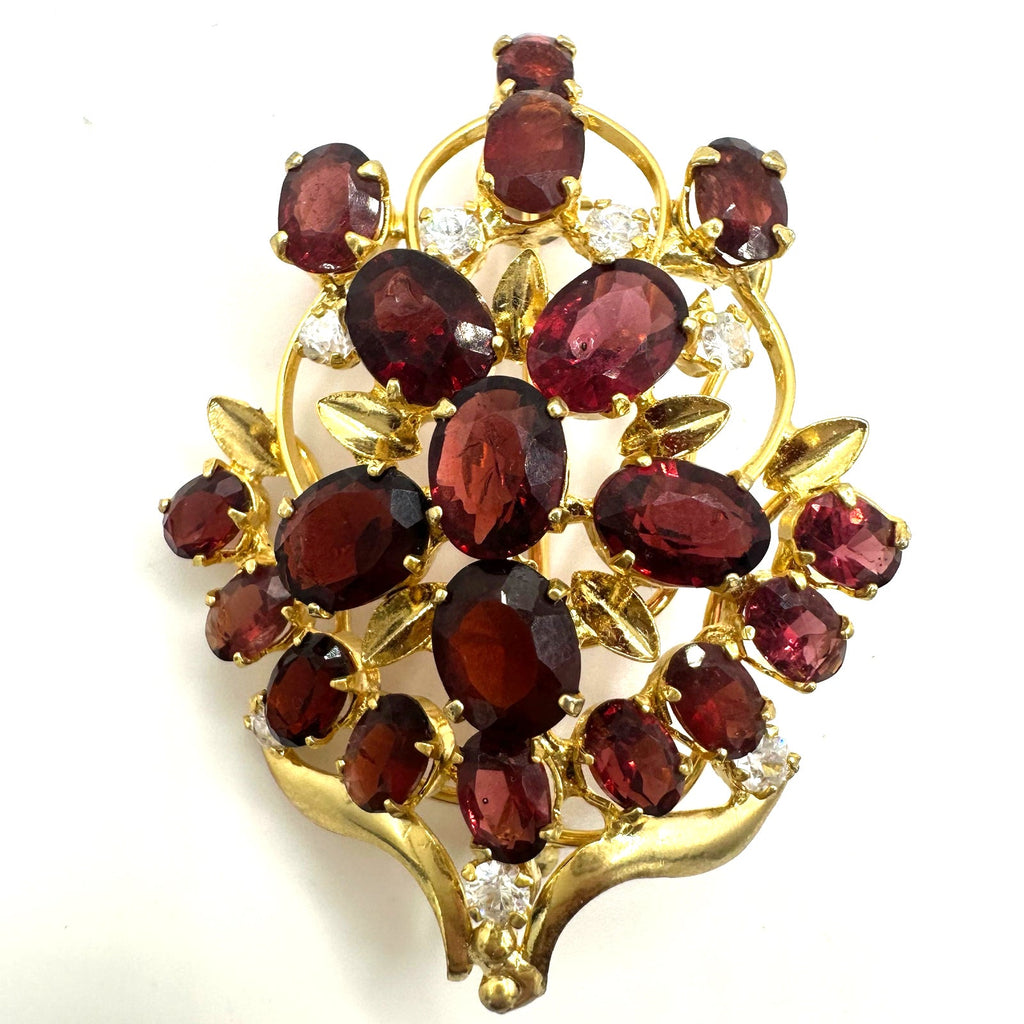 Gold plated real genuine red maroon garnets clear cubic zirconia CZ brooch
