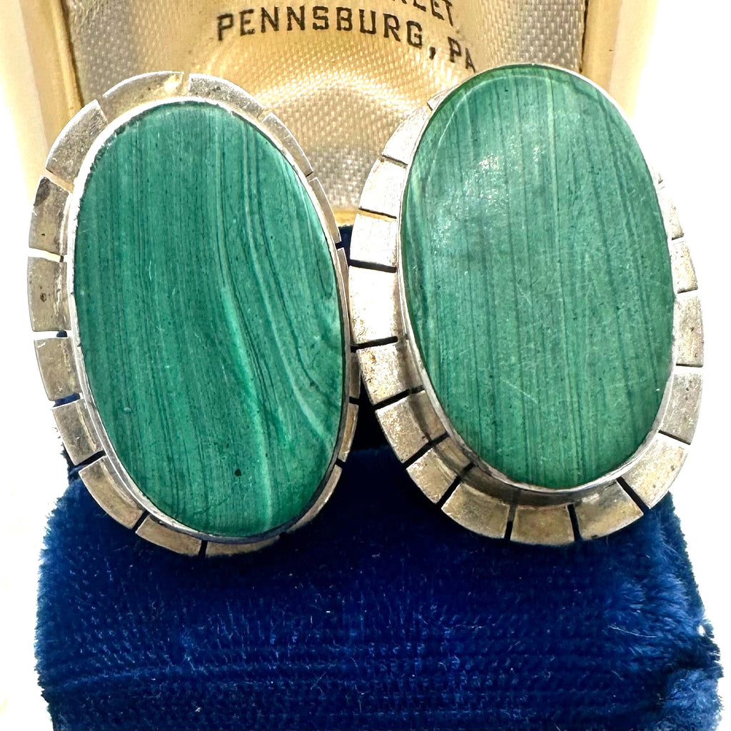 Taxco Mexico vintage sterling silver green malachite cabochons clip on earrings