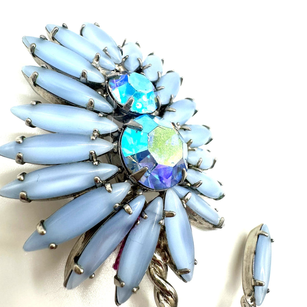 Vintage silver tone large 4" blue glass AB rhinestones navettes flower brooch