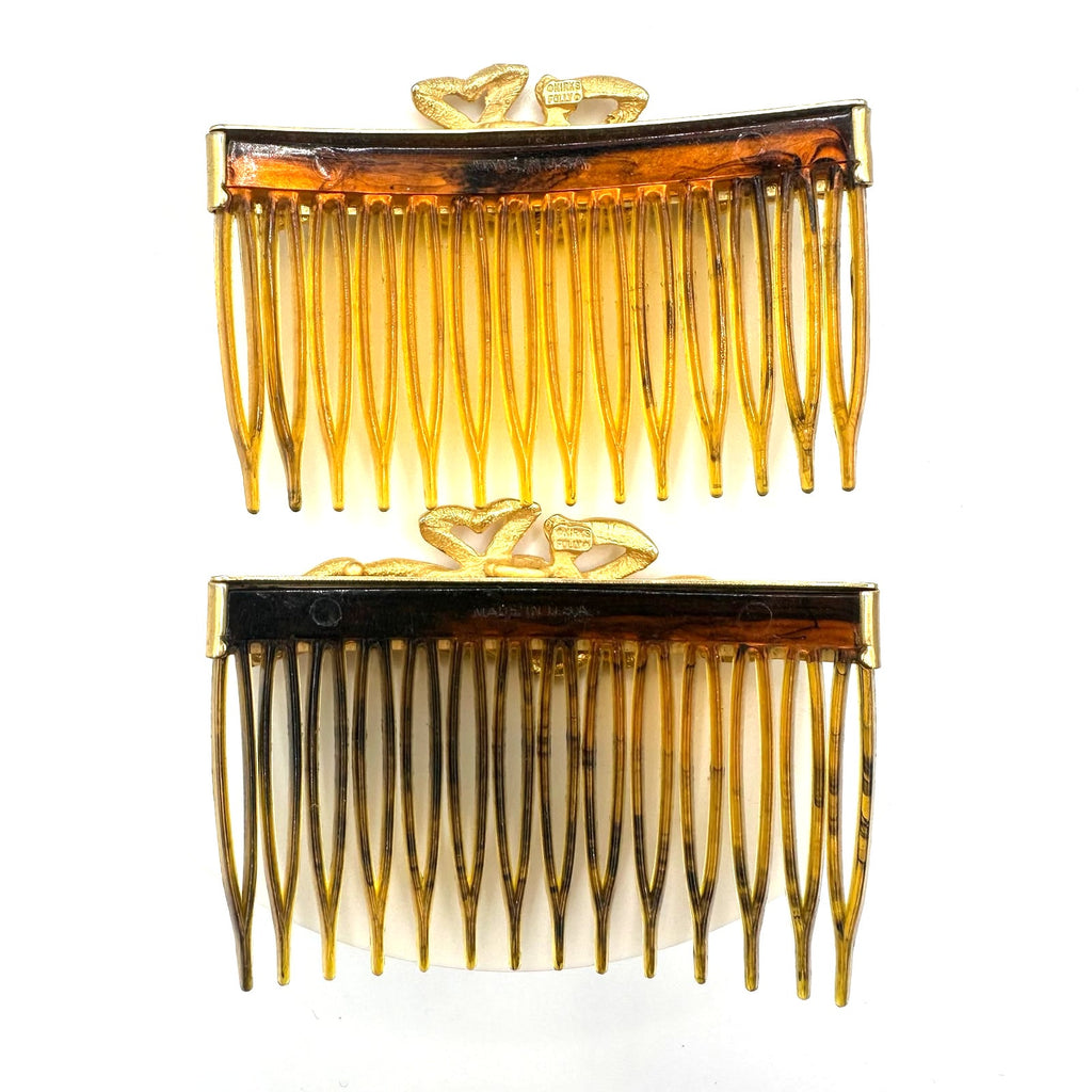 Kirks Folly set 2 gold tone ribbon bows faux tortoiseshell hair combs made USA