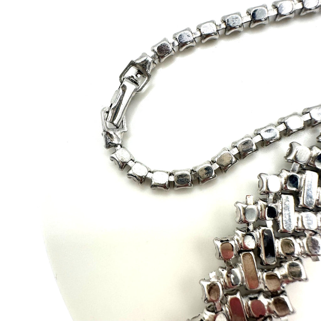 1950s vintage silver tone clear glass rhinestones pointed V swag necklace