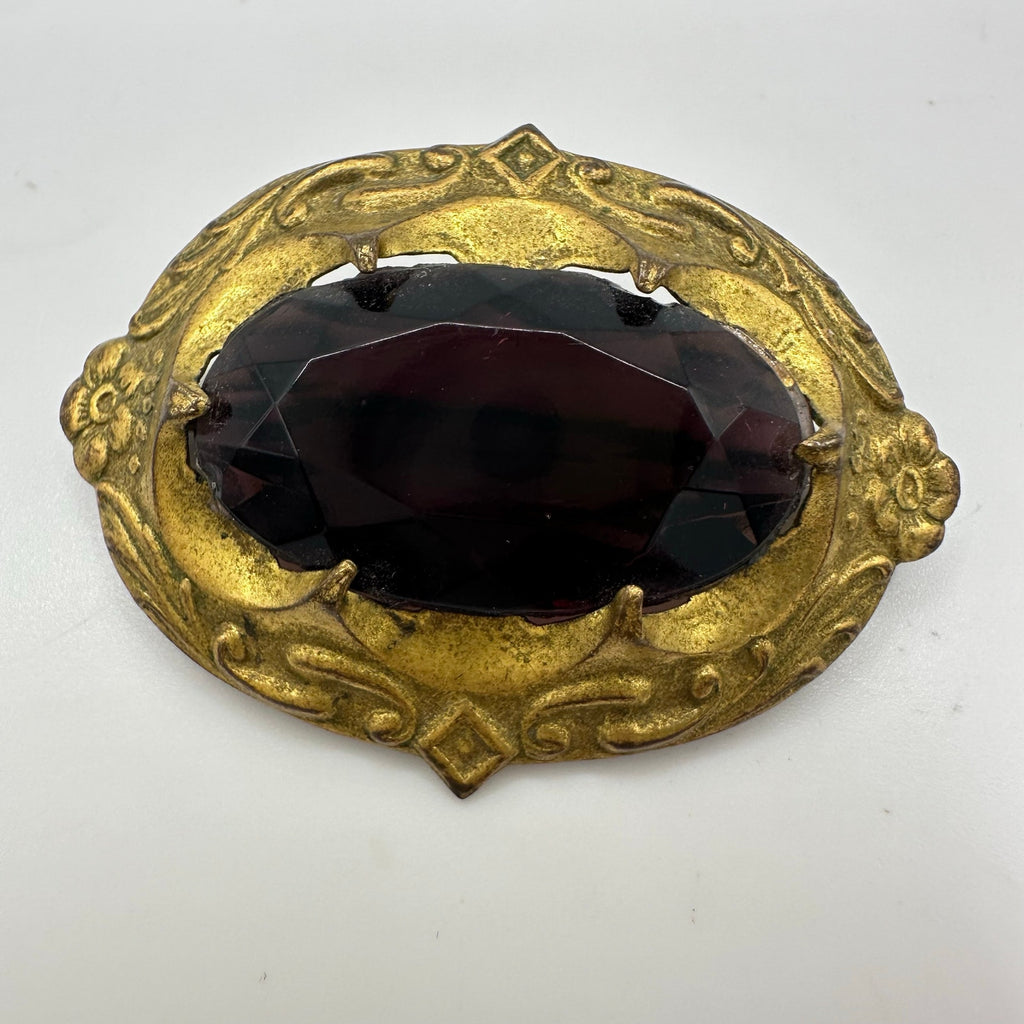 Antique 1900s Arts Crafts Nouveau gold gilt brass purple glass sash pin brooch