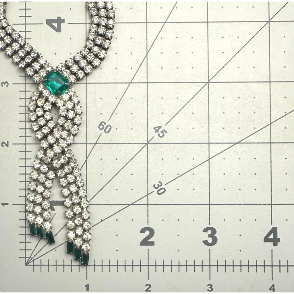 1950s vintage silver tone clear emerald green rhinestones fringe tassel necklace