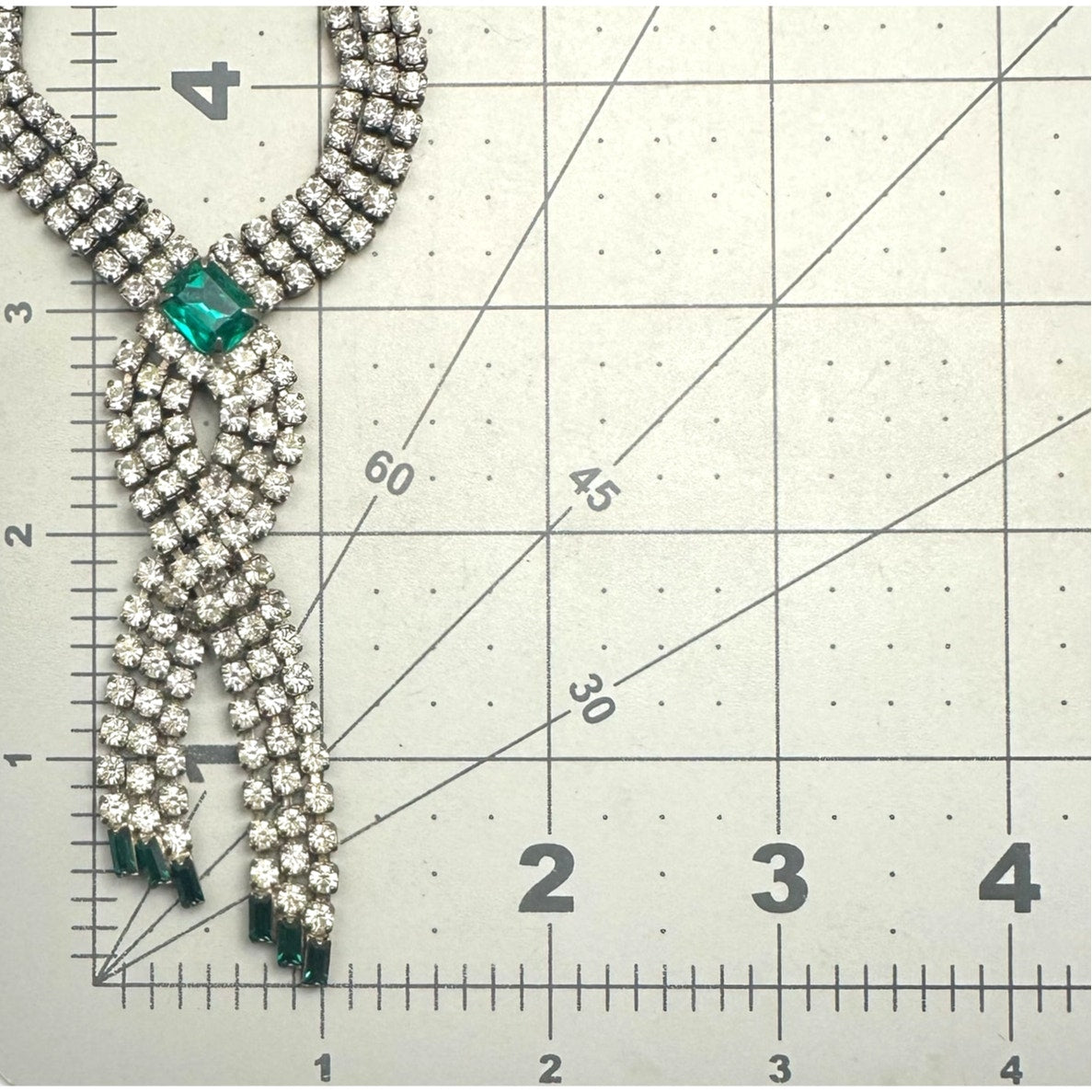 1950s vintage silver tone clear emerald green rhinestones fringe tassel necklace