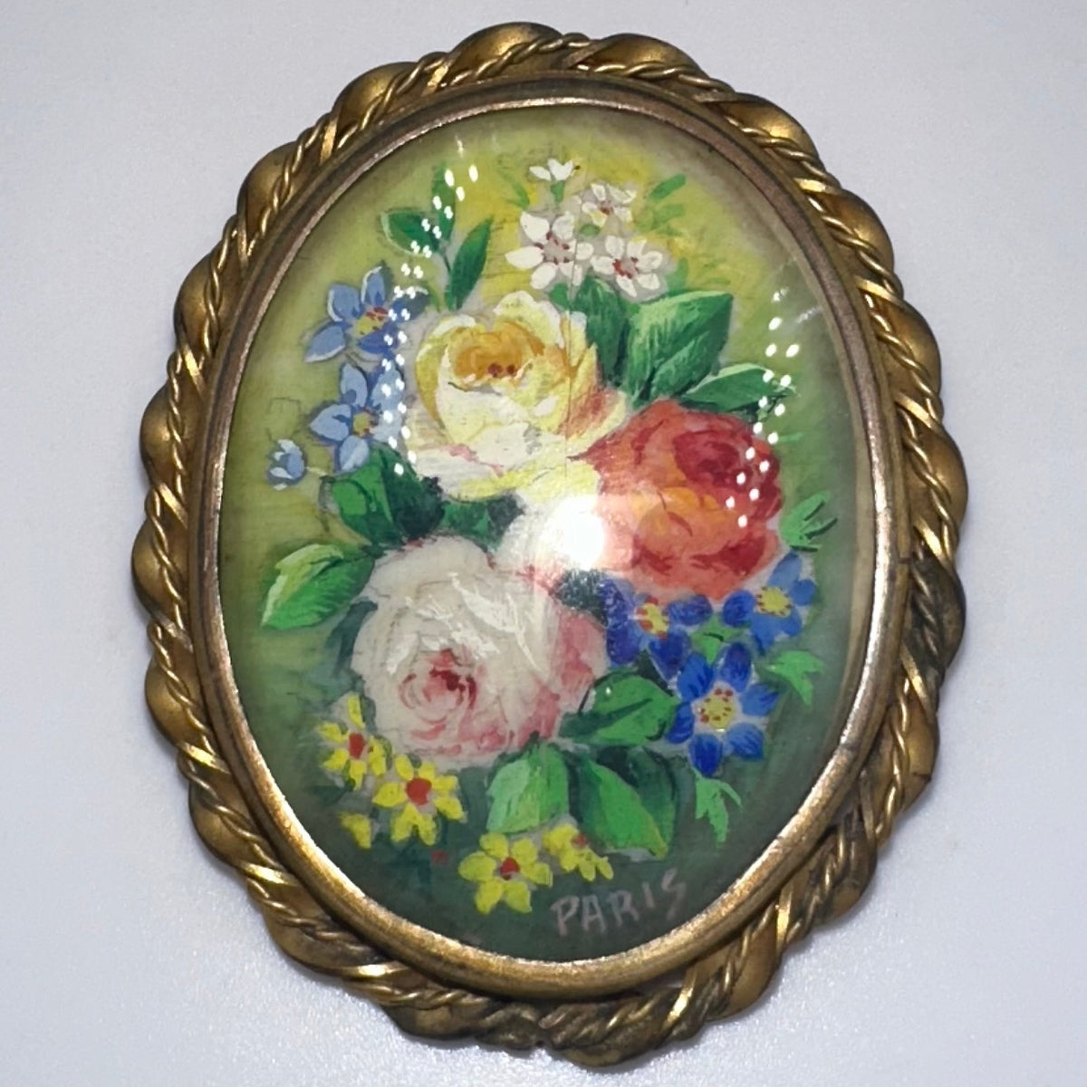 Paris vintage oval brass hand painted multicolor flowers floral bouquet brooch