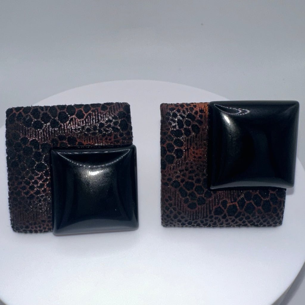 1980s vintage black glass fabric genuine leather statement clip on earrings