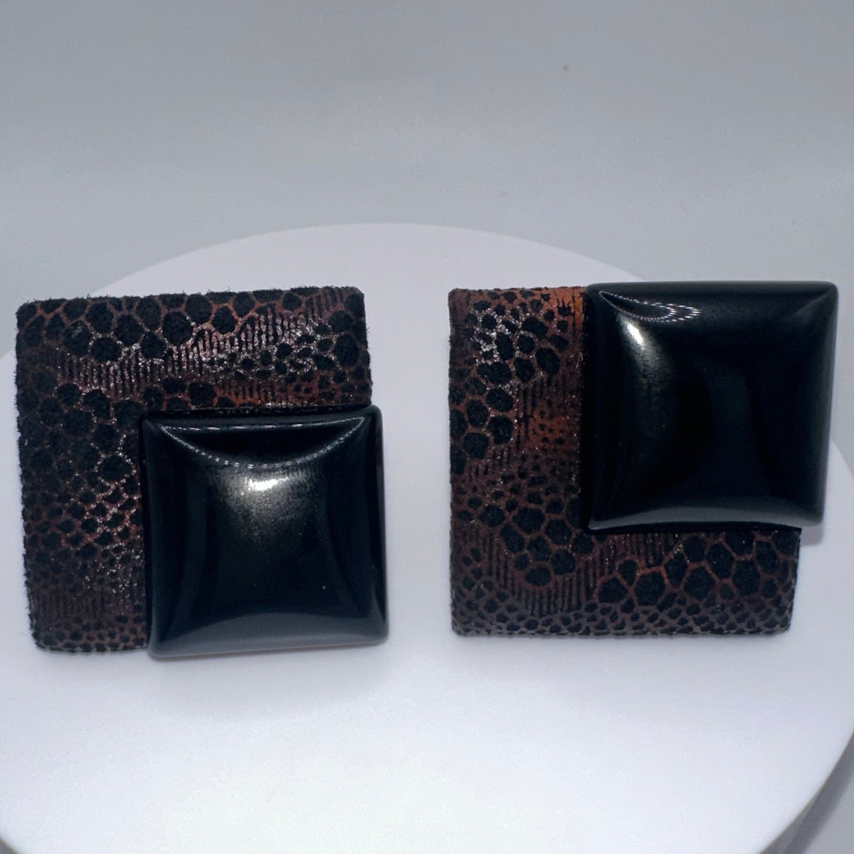 1980s vintage black glass fabric genuine leather statement clip on earrings