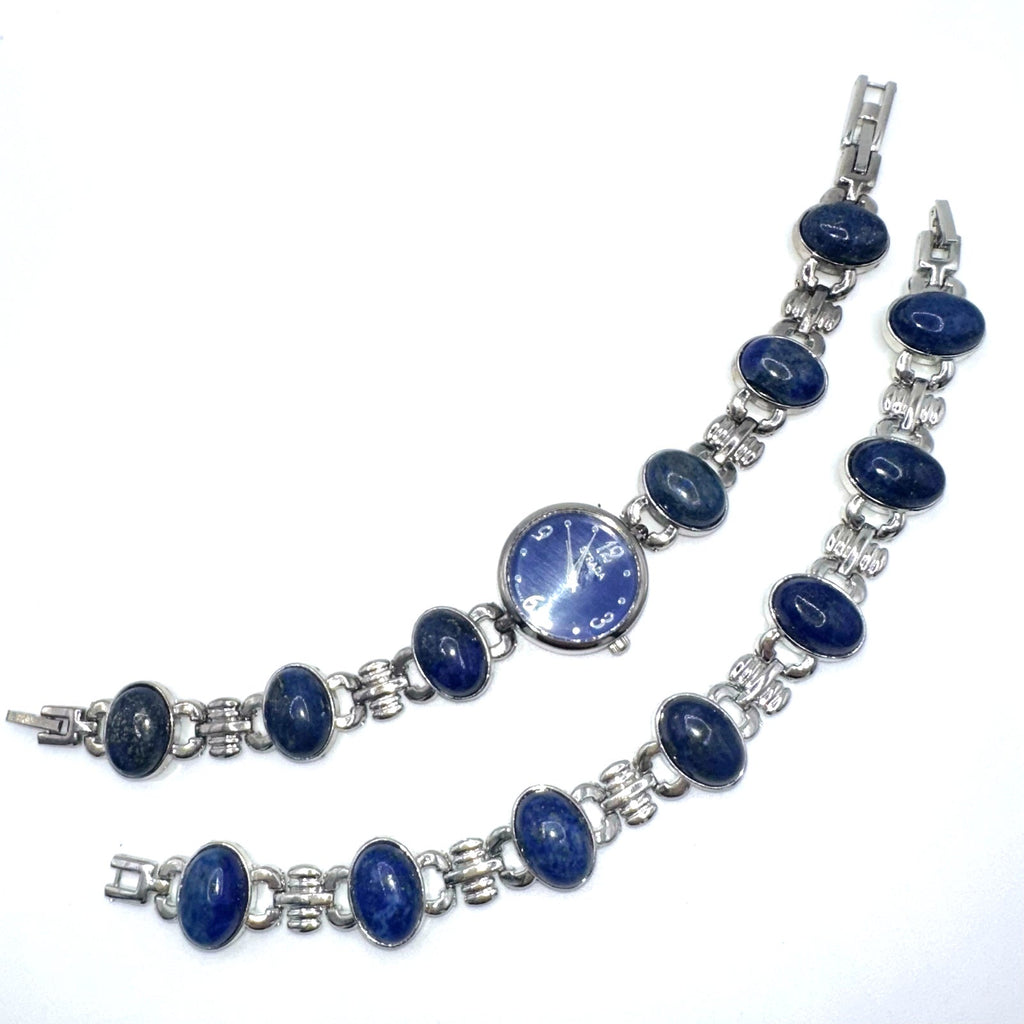 Strada silver tone genuine blue lapis lazuli quartz ladies watch bracelet set