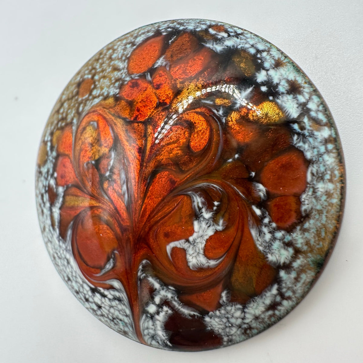 Inga vintage artisan fiery red orange white enamel round circular disc brooch
